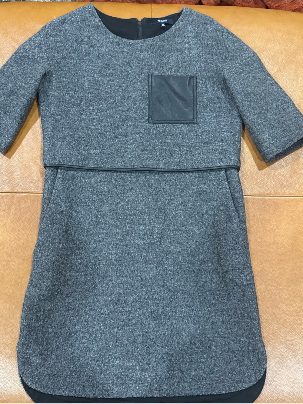 Madewell XS Gray Wool Blend Shift Dress Leather Pocket Short Sleeve Lined